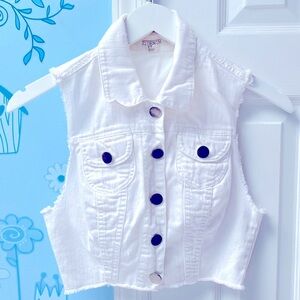 2.1 Denim White Cotton Distressed Jeans Buttons Up Girls Raw Edges Vest Size S !